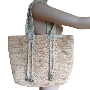Flora Bella Womens Large Beige Woven Shoulder Bag Studded Straps Tasseled